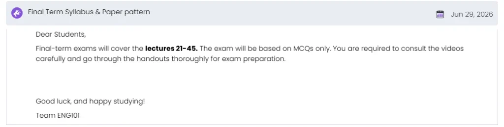 English 101 Final Term Syllabus official announcement by VU