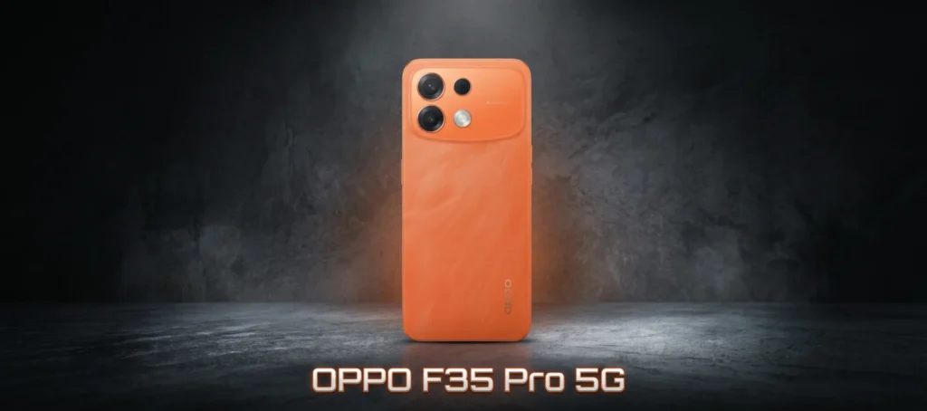 OPPO F35 Pro 5G smartphone showcasing its rugged design and 1.5K AMOLED display in Sunrise Orange.