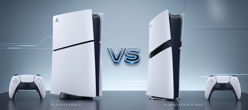 A side-by-side comparison of the standard PlayStation 5 and the new PlayStation 5 Pro consoles.