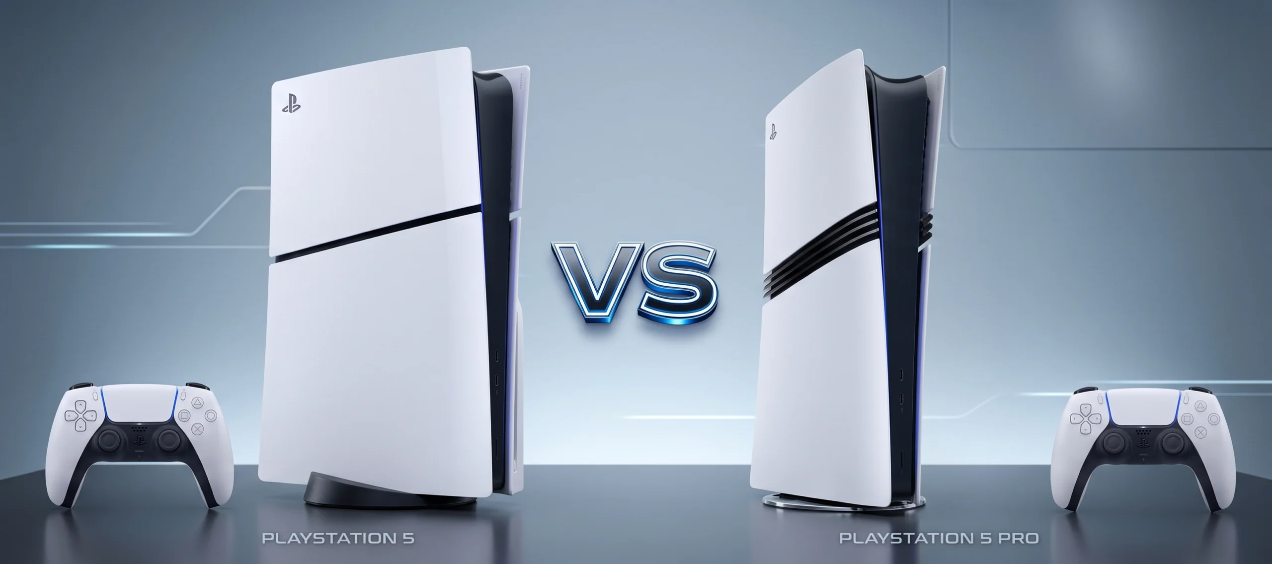 A side-by-side comparison of the standard PlayStation 5 and the new PlayStation 5 Pro consoles.